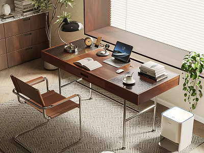 Modern Desk and Chair Set for Home Office with Laptop Lamp Books and Coffee Cup 3d model