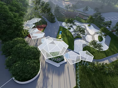 Modern Park Landscape With Geometric White Canopies Green Trees Winding Paths And Children's Playground 3d model