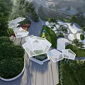 Modern Park Landscape With Geometric White Canopies Green Trees Winding Paths And Children's Playground