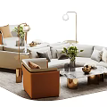 Modern Beige Sofa Coffee Table Set With Marble Top Orange Chairs Green Plants Floor Lamp