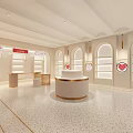 Modern Luxury Boutique Store With Circular Counter Arch Windows Gold Accents White Walls Terrazzo Floor