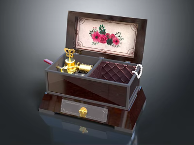 Decorative Ornament Set In Wooden Jewelry Box With Rose Pattern Golden Accents And Velvet Lining 3d model