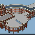 Red Brick School Building With Circular Design And White Roof Structure 3d model
