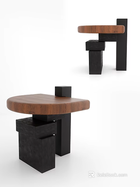 Modern Round Side Table With Wooden Top And Black Block Legs Design 3d model 