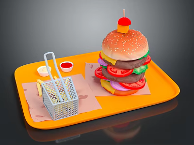Giant Chicken Burger With Fries And Condiments On Orange Tray 3d model