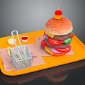 Giant Chicken Burger With Fries And Condiments On Orange Tray