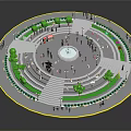 Circular Plaza Design With Central Fountain Trees Benches And People Gathering
