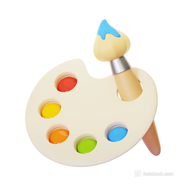 Yellow Paintbrush With Blue Paint Tip On Palette Featuring Assorted Colorful Paint Wells 3d model 