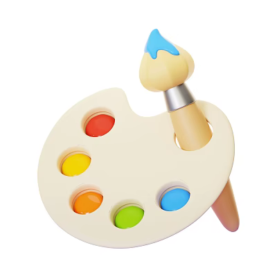 Yellow Paintbrush With Blue Paint Tip On Palette Featuring Assorted Colorful Paint Wells 3d model