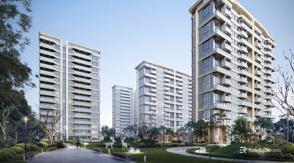 Modern Residential Building With Sleek Facade Large Windows Balconies And Landscaped Surroundings 3d model 
