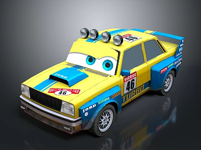 Cartoon Style Yellow And Blue Race Car With Roof Lights Big Eyes And Number 46 3d model