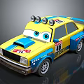 Cartoon Style Yellow And Blue Race Car With Roof Lights Big Eyes And Number 46