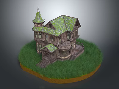 Wooden Cottage With Green Mossy Roof And Spire In Grassy Surroundings 3d model