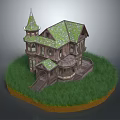 Wooden Cottage With Green Mossy Roof And Spire In Grassy Surroundings