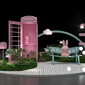 Cute Check-in Photo Spot With Pink Phone Booth Cloud Arch Rabbit Bench And Greenery 3d model