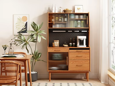 Stylish Wooden Sideboard With Storage Cabinets Drawers Glassware And Coffee Maker In Dining Room 3d model