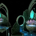 Exquisite Pink Lotus Flower and Blue Crystal Garden Ornament with Circular Stone Archway