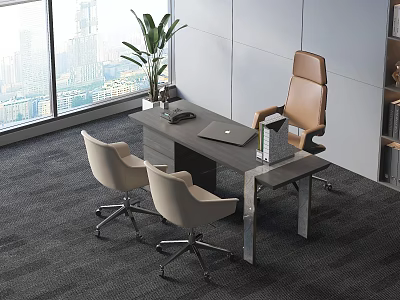 Modern Office Desk With Two Beige Chairs Green Plant Laptop And City View Window 3d model
