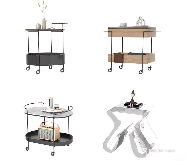 Modern Minimalist Side Tables With Wheels Metal Frame And Wooden Shelves 3d model 