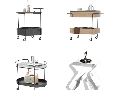 Modern Minimalist Side Tables With Wheels Metal Frame And Wooden Shelves 3d model