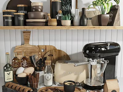 Modern Kitchen Decorative Ornamental Pieces Set With Coffee Machine Toaster Jars Plants And Cutting Boards 3d model