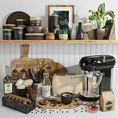 Modern Kitchen Decorative Ornamental Pieces Set With Coffee Machine Toaster Jars Plants And Cutting Boards 3d model
