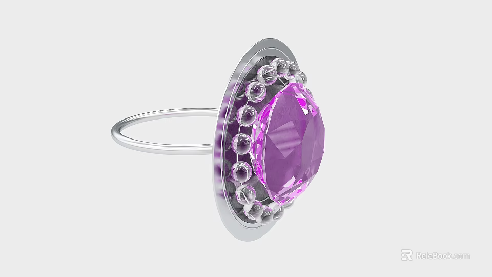 Elegant Silver Ring Featuring Large Purple Gemstone Surrounded by Small Clear Stones 3d model 