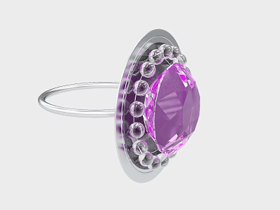 Elegant Silver Ring Featuring Large Purple Gemstone Surrounded by Small Clear Stones 3d model