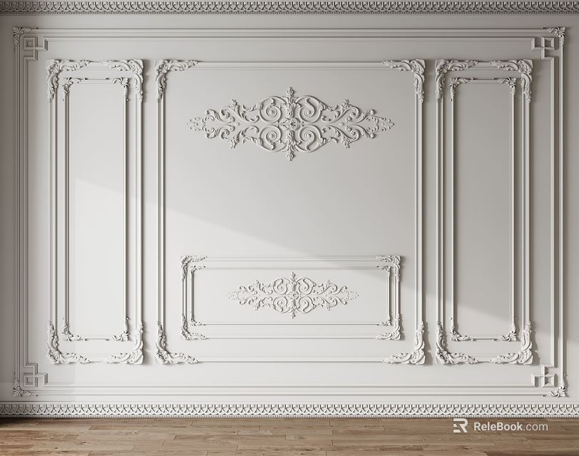 Gypsum Molding Interior Wall Decor With Ornate Carvings And Symmetrical Frames 3d model 