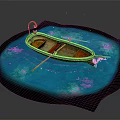 Wooden Boat Floating On Turquoise Water With Purple Glowing Spots And Oar