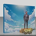 Event Backdrop With Blue Sky White Clouds And Man In Suit On Cloud Shaped Object