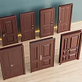 Wooden Brown Double Doors Featuring Various Panel Designs And Brass Handles 3d model