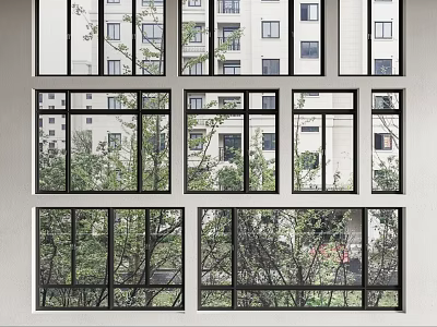 Modern Building Exterior With Grid Windows Framing Trees And City View 3d model