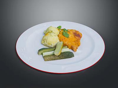 Crispy Fried Chicken Breast With Mashed Potatoes Pickles And Fresh Vegetables On White Plate 3d model