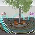Nighttime Garden Landscape With Illuminated Curved Structures Trees And Circular Ground Lighting