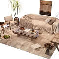 Cozy Sofa And Coffee Table Set With Potted Plant Chairs Blanket Pillows And Rug
