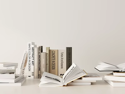 Stacked Books Open Pages Different Genres Design History Fiction White Background 3d model