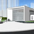 Modern Sales Office Building With Glass Curtain Wall White Exterior And Greenery