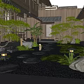 Traditional Courtyard Garden With Stone Path Lanterns Moss Trees And Wooden Structure