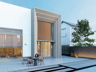 Modern Shop Facade With White Exterior Wooden Accents Glass Door Outdoor Seating And Green Plants 3d model