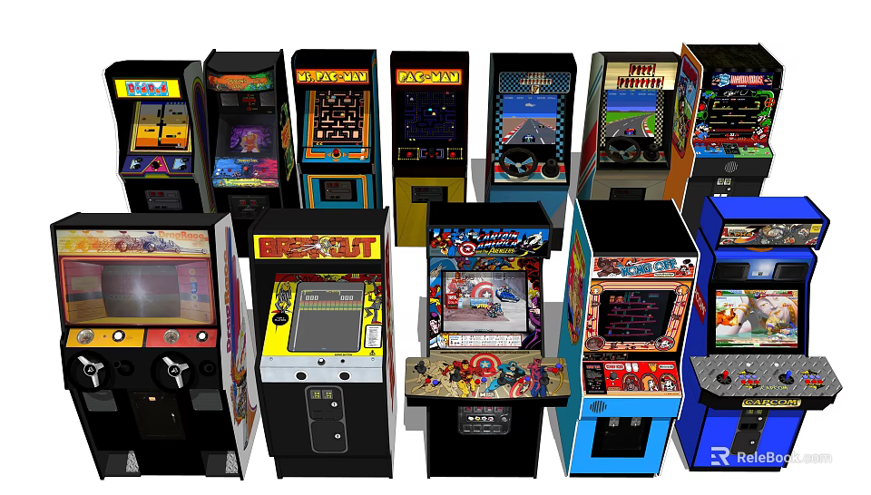Classic Arcade Machines As Entertainment Appliances With Various Styles And Colorful Designs 3d model 