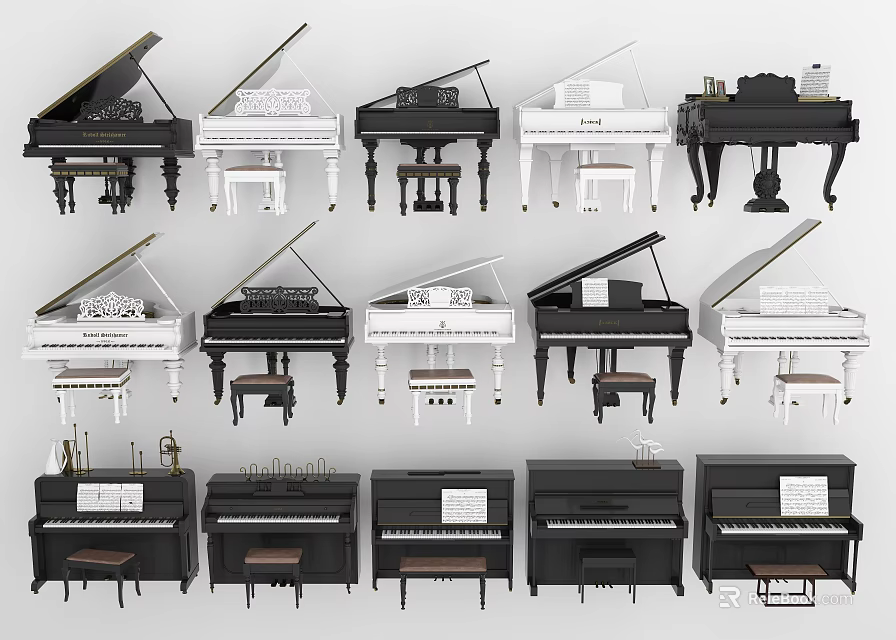 Different Black And White Grand Upright Pianos With Stools And Music Sheets Display Collection 3d model 