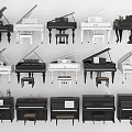Different Black And White Grand Upright Pianos With Stools And Music Sheets Display Collection
