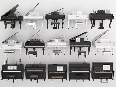 Different Black And White Grand Upright Pianos With Stools And Music Sheets Display Collection 3d model
