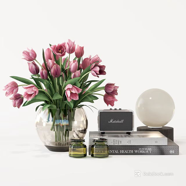 Home Decorative Ornament Set with Pink Tulips Clear Glass Vase Green Jars and White Sphere 3d model 