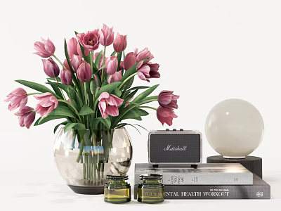 Home Decorative Ornament Set with Pink Tulips Clear Glass Vase Green Jars and White Sphere 3d model