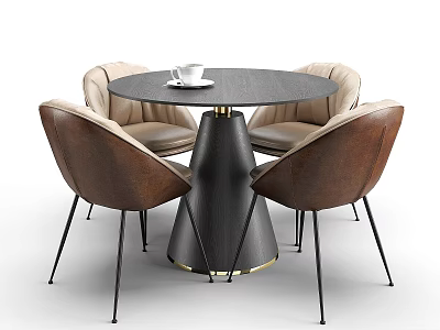 Modern Round Table and Chair Set with Black Cone Legs and Leather Seats 3d model