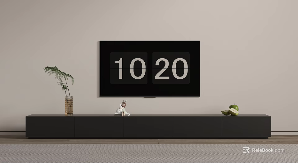 Modern TV Stand With Vase Plant Small Ornament Green Fruit And Wall Screen Displaying Numbers 3d model 