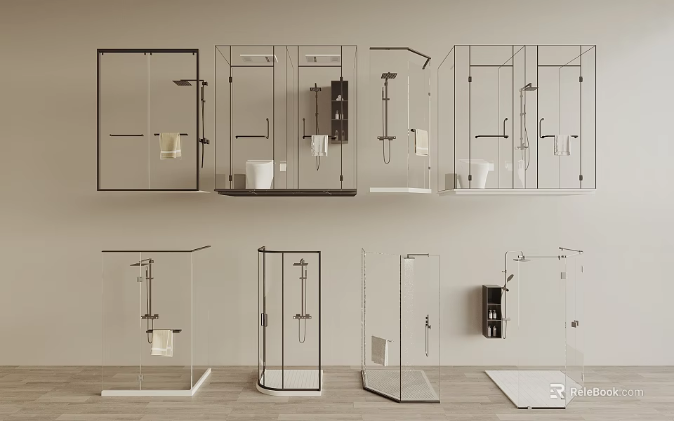 Various Shower Heads with Modern Designs Glass Enclosures and Bathroom Storage Shelves 3d model 