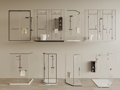 Various Shower Heads with Modern Designs Glass Enclosures and Bathroom Storage Shelves 3d model